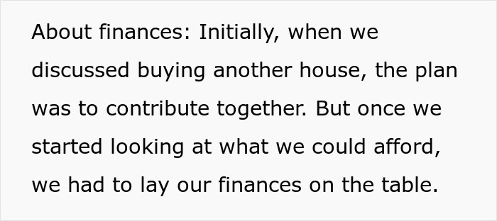 Text excerpt about finances and discussing buying a house with 50/50 ownership, stressing financial transparency. Text excerpt about finances and discussing buying a house with 50/50 ownership, stressing financial transparency.