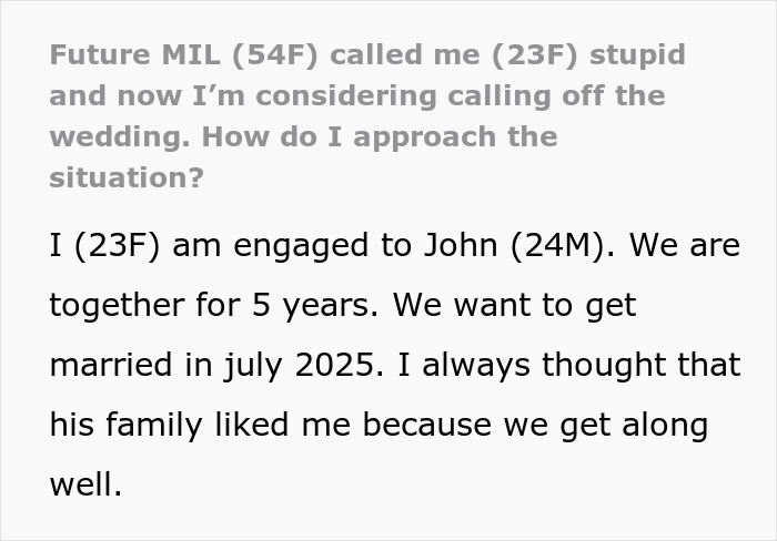 Text post about future MIL branding bride-to-be stupid and fiancé laughing, causing wedding doubts. Text post about future MIL branding bride-to-be stupid and fiancé laughing, causing wedding doubts.