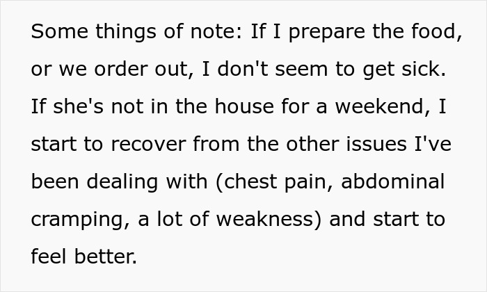 Text discussing symptoms and suspicion of poisoning linked to MIL’s weird and suspicious behavior at home. Text discussing symptoms and suspicion of poisoning linked to MIL’s weird and suspicious behavior at home.