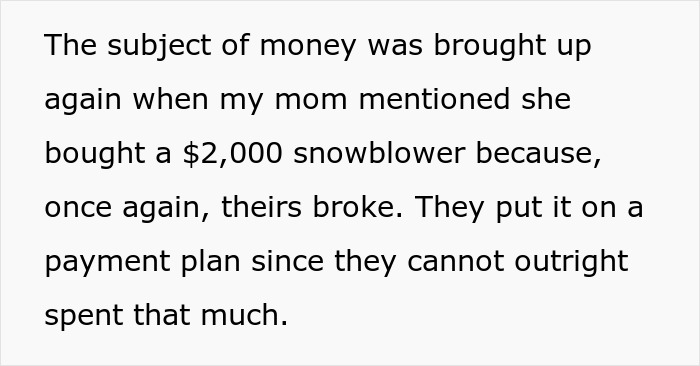 Text discussing a mom retirement plan mentioning money issues and buying a snowblower on a payment plan. Text discussing a mom retirement plan mentioning money issues and buying a snowblower on a payment plan.