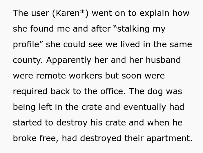 Text excerpt showing a woman explaining how she left her dog in a shelter and the police got involved. Text excerpt showing a woman explaining how she left her dog in a shelter and the police got involved.