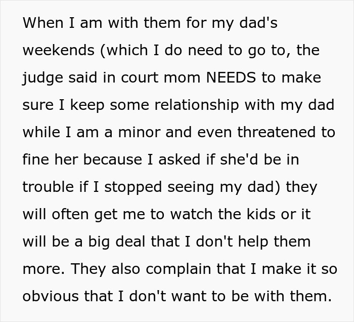 Teen refusing babysit stepsiblings during weekend visits with dad, facing family pressure and strained relationships. Teen refusing babysit stepsiblings during weekend visits with dad, facing family pressure and strained relationships.