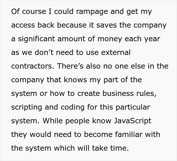 Engineer explains to HR the necessary skills to learn after software access is revoked to regain system control efficiently. Engineer explains to HR the necessary skills to learn after software access is revoked to regain system control efficiently.