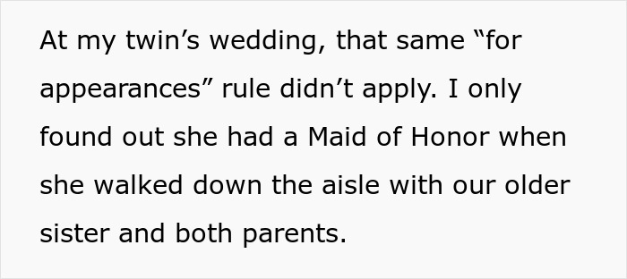 Bride expresses feelings about family favoritism while revealing twin’s Maid of Honor at wedding ceremony. Bride expresses feelings about family favoritism while revealing twin’s Maid of Honor at wedding ceremony.