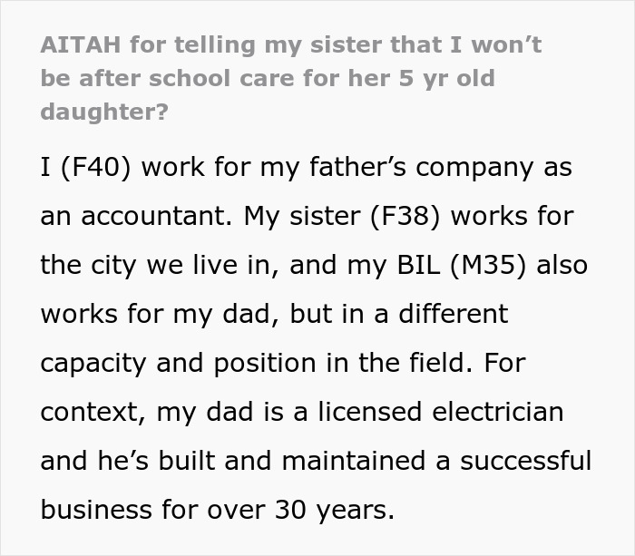Text excerpt from a 40-year-old aunt refusing to be a free sitter for family, highlighting a family work dynamic. Text excerpt from a 40-year-old aunt refusing to be a free sitter for family, highlighting a family work dynamic.