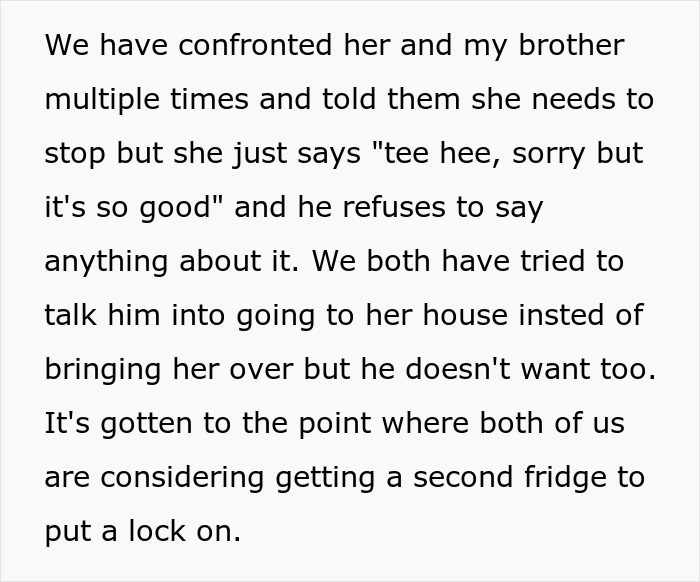 Alt text: Frustrated woman discussing drama after bro’s girlfriend keeps eating food, leading to tension and calls of Miss Piggy. Alt text: Frustrated woman discussing drama after bro’s girlfriend keeps eating food, leading to tension and calls of Miss Piggy.