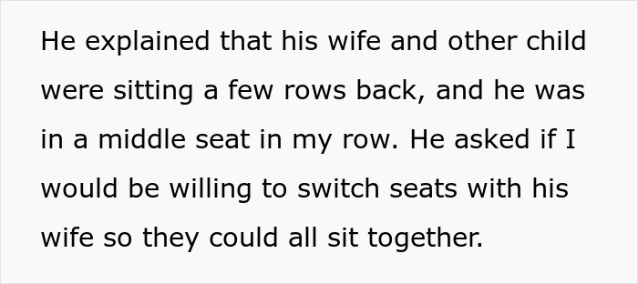 Text describing a family eyes passenger’s paid seat and the dramatic situation when they refuse to swap seats on a flight. Text describing a family eyes passenger’s paid seat and the dramatic situation when they refuse to swap seats on a flight.