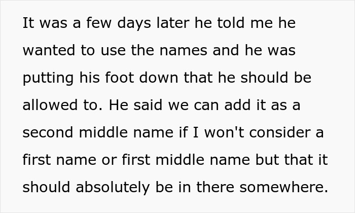 Text excerpt discussing a man insisting on using his first girlfriend’s name as a middle name for his baby, upsetting his wife. Text excerpt discussing a man insisting on using his first girlfriend’s name as a middle name for his baby, upsetting his wife.