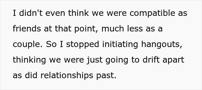 Text excerpt discussing doubts about compatibility and ending efforts to initiate hangouts in a budding relationship context. Text excerpt discussing doubts about compatibility and ending efforts to initiate hangouts in a budding relationship context.