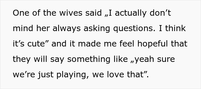 Text excerpt from a conversation where one wife describes feeling hopeful about interacting with the future bride-to-be. Text excerpt from a conversation where one wife describes feeling hopeful about interacting with the future bride-to-be.