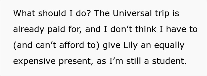Text about a sister accusing of favoring nephew and niece regarding an expensive gift and trip payment issue. Text about a sister accusing of favoring nephew and niece regarding an expensive gift and trip payment issue.