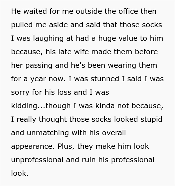 Text excerpt discussing workplace harassment involving mocking a coworker for wearing colorful socks and mentioning HR involvement. Text excerpt discussing workplace harassment involving mocking a coworker for wearing colorful socks and mentioning HR involvement.