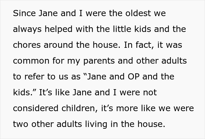 Text passage describing parents making son help raise siblings and do chores, reflecting on family responsibilities and sibling roles.