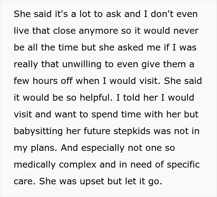 Text excerpt about mom trying to recruit son to care for fiance’s disabled daughter, son refusing care duties. Text excerpt about mom trying to recruit son to care for fiance’s disabled daughter, son refusing care duties.