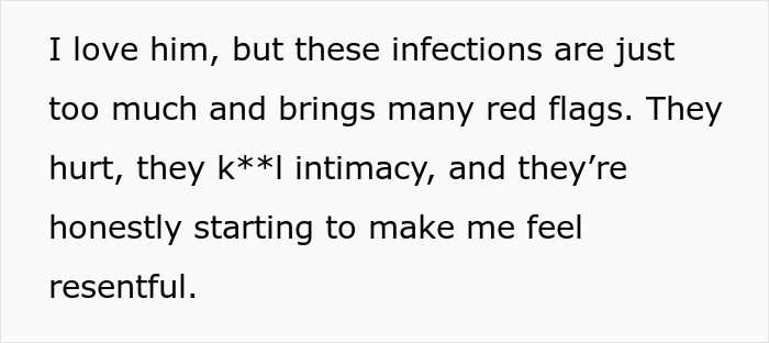 Woman expressing concern about partner prone to infections, affecting intimacy and reconsidering marriage plans. Woman expressing concern about partner prone to infections, affecting intimacy and reconsidering marriage plans.