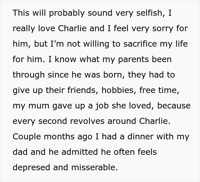 Text excerpt about parents expecting son to sacrifice his life to care for autistic brother and consequences of saying no. Text excerpt about parents expecting son to sacrifice his life to care for autistic brother and consequences of saying no.