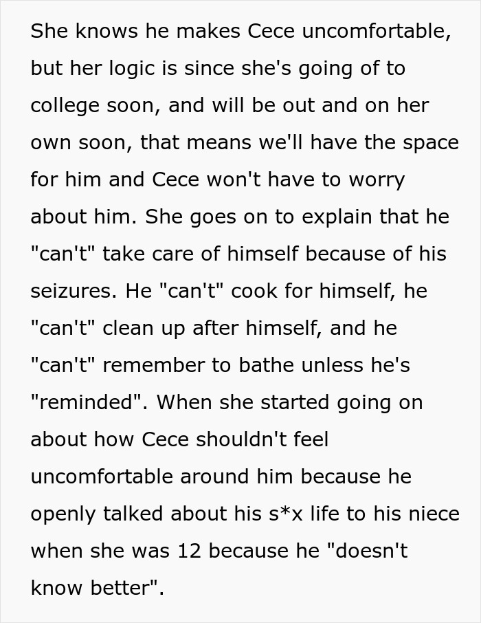 Text excerpt discussing seizures, inability to self-care, and discomfort around a disabled but entitled brother. Text excerpt discussing seizures, inability to self-care, and discomfort around a disabled but entitled brother.