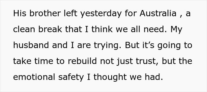 Text excerpt discussing emotional safety and rebuilding trust after a brother left for Australia in a family context. Text excerpt discussing emotional safety and rebuilding trust after a brother left for Australia in a family context.