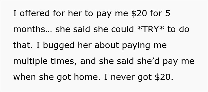 Text excerpt showing frustration over a friend refusing to pay back $20 despite repeated requests for months. Text excerpt showing frustration over a friend refusing to pay back $20 despite repeated requests for months.