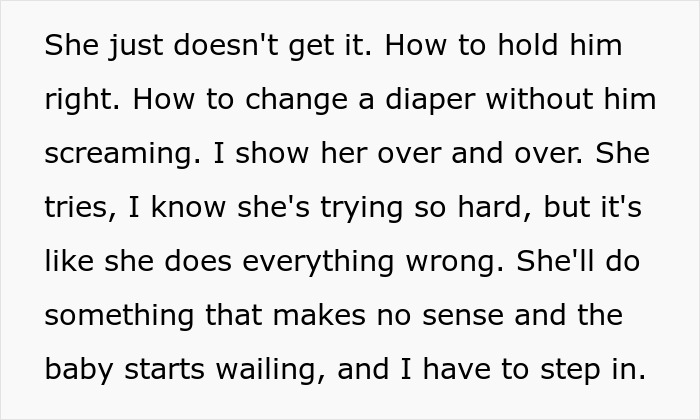 New mom struggles with baby care while husband judges her efforts and intervenes during diaper changes and soothing. New mom struggles with baby care while husband judges her efforts and intervenes during diaper changes and soothing.