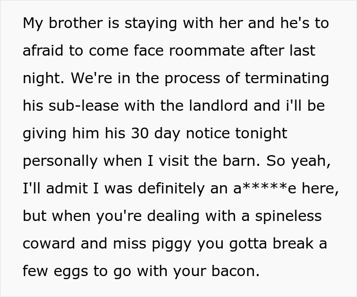 Text from a woman upset over her brother’s girlfriend eating food, triggering drama and insults involving Miss Piggy. Text from a woman upset over her brother’s girlfriend eating food, triggering drama and insults involving Miss Piggy.