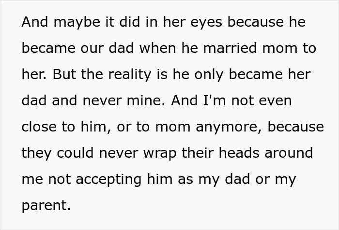Text discussing a bride refusing to accept mom’s husband as her dad and the conflict at the wedding aisle.