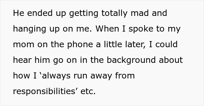 Text about a woman’s teen brother causing trouble and the dad getting upset when she refuses to babysit him. Text about a woman’s teen brother causing trouble and the dad getting upset when she refuses to babysit him.