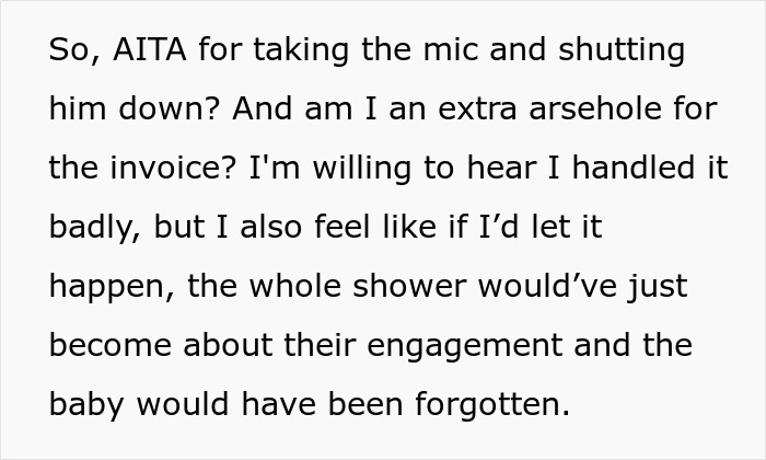 Text excerpt showing a woman explaining shutting down her brother’s marriage proposal to keep the baby shower focused on the baby. Text excerpt showing a woman explaining shutting down her brother’s marriage proposal to keep the baby shower focused on the baby.