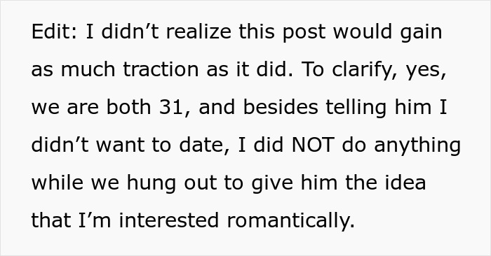 Text post explaining a woman clarifying she was not romantically interested despite a man considering her his girlfriend. Text post explaining a woman clarifying she was not romantically interested despite a man considering her his girlfriend.