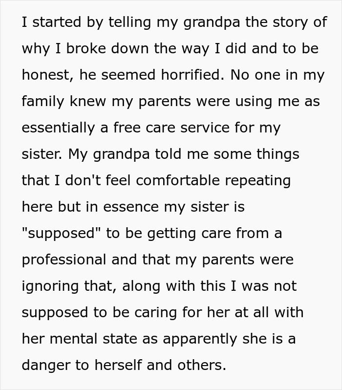 Text excerpt discussing a teen feeling like a prisoner babysitting autistic sister and confronting parents about care. Text excerpt discussing a teen feeling like a prisoner babysitting autistic sister and confronting parents about care.