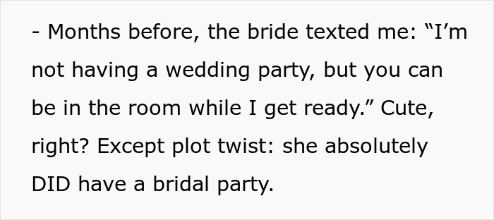 Text showing a bride revealing family favoritism by trying to erase her twin from the wedding preparations. Text showing a bride revealing family favoritism by trying to erase her twin from the wedding preparations.