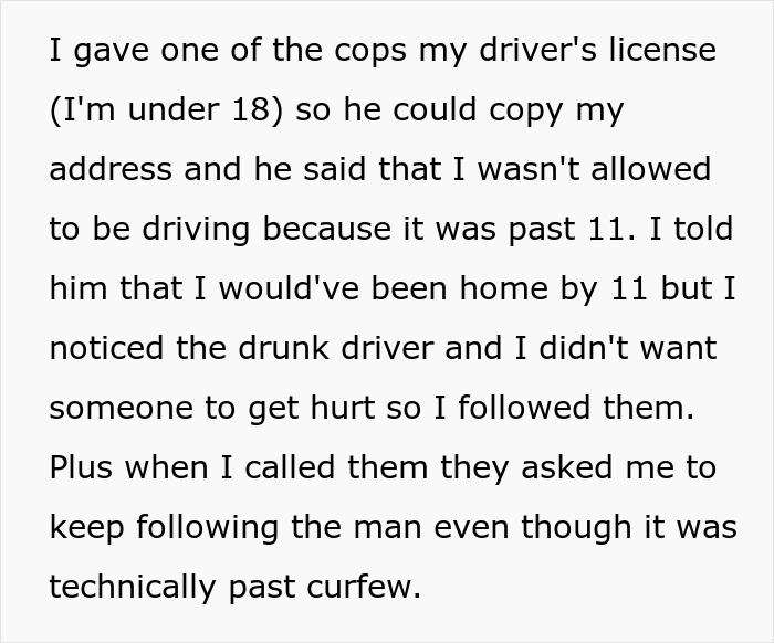Text excerpt about an 18-year-old reporting a drunk driver, resulting in a curfew violation ticket from police.