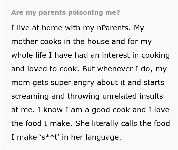 Text discussing a daughter wondering if her parents are poisoning her after eating their food makes her sick.