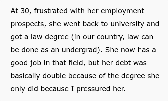 Text excerpt showing a woman’s law degree and doubled student debt while paying off daughter student loans. Text excerpt showing a woman’s law degree and doubled student debt while paying off daughter student loans.