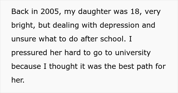 Text describing a parent reflecting on paying off daughter student loans amid challenges with depression and university pressure. Text describing a parent reflecting on paying off daughter student loans amid challenges with depression and university pressure.