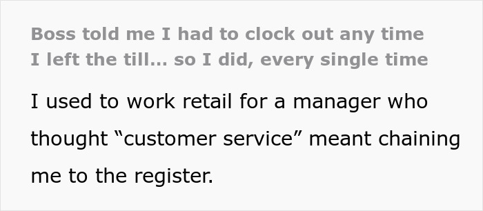 Text post about boss demanding employee clock out for every break, sharing retail work frustration with strict manager rules. Text post about boss demanding employee clock out for every break, sharing retail work frustration with strict manager rules.
