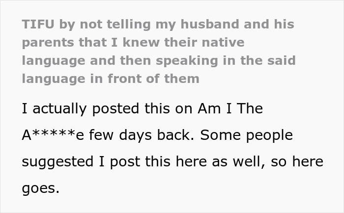Text excerpt showing a story about not telling husband and parents about knowing their native language and speaking it around them. Text excerpt showing a story about not telling husband and parents about knowing their native language and speaking it around them.