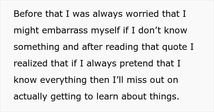 Text on a white background explains overcoming fear of embarrassment by embracing learning instead of pretending to know everything. Text on a white background explains overcoming fear of embarrassment by embracing learning instead of pretending to know everything.