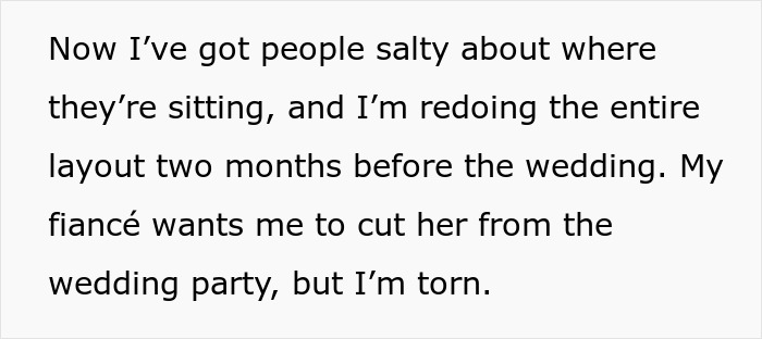 Bride stuck between loyalty and trust after bridesmaid leaks wedding seating chart, causing guest offense. Bride stuck between loyalty and trust after bridesmaid leaks wedding seating chart, causing guest offense.