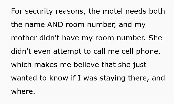 Text excerpt discussing motel security measures and suspicion related to mother in a mother-poisoned-me context. Text excerpt discussing motel security measures and suspicion related to mother in a mother-poisoned-me context.