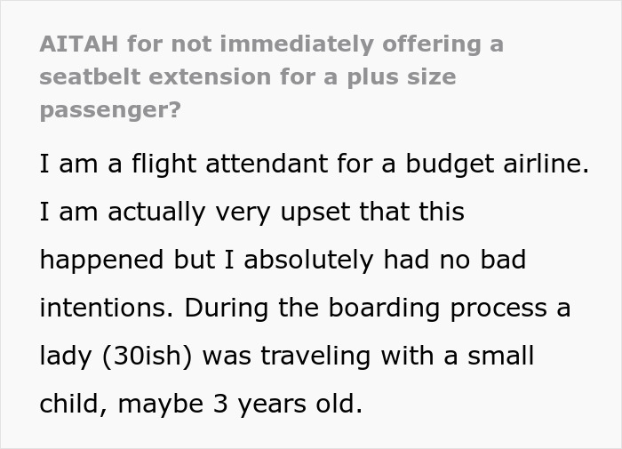 Text excerpt from a flight attendant discussing concerns about not offering a seatbelt extender to an overweight passenger. Text excerpt from a flight attendant discussing concerns about not offering a seatbelt extender to an overweight passenger.