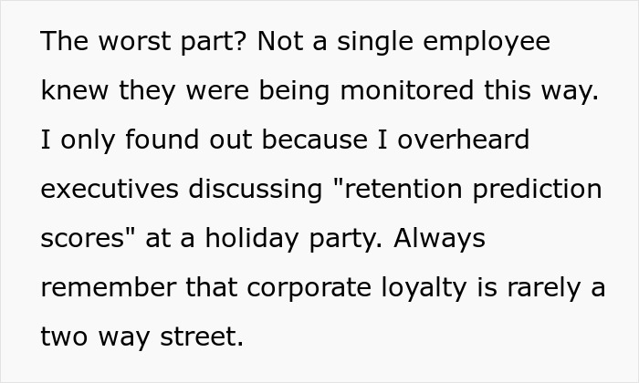 Text excerpt about employee unaware of corporate spying, overhearing executives discussing retention prediction scores at work event.