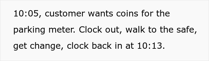 Text on screen showing employee clocking out and back in during breaks after boss demands it. Text on screen showing employee clocking out and back in during breaks after boss demands it.