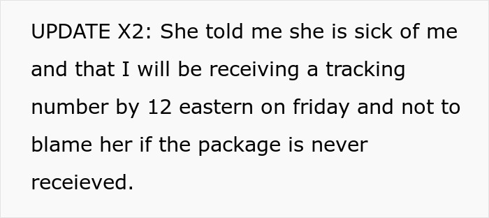 Text message update about receiving a tracking number, mentioning frustration and blaming a friend for a missing package. Text message update about receiving a tracking number, mentioning frustration and blaming a friend for a missing package.