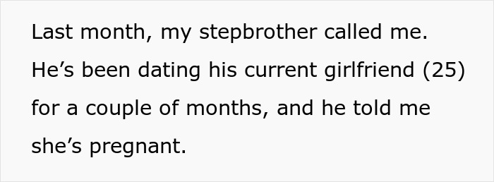 Text on a white background about a man’s stepbrother dating his pregnant girlfriend, highlighting financial support drama.