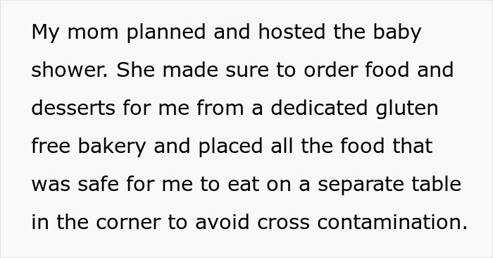 Text excerpt about baby shower planning emphasizing allergy-safe gluten-free food to prevent cross contamination concerns. Text excerpt about baby shower planning emphasizing allergy-safe gluten-free food to prevent cross contamination concerns.