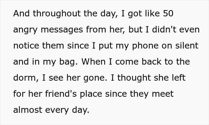 Text excerpt showing a message about missing angry texts after stealing roomie’s food and peanut allergy issues leading to ER visit. Text excerpt showing a message about missing angry texts after stealing roomie’s food and peanut allergy issues leading to ER visit.
