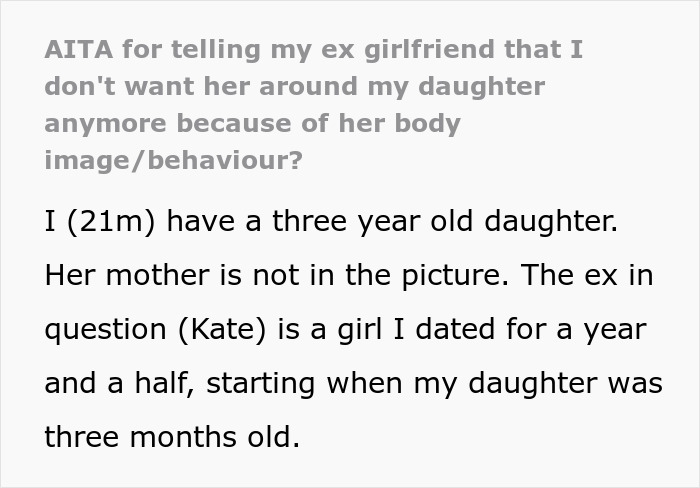 Text post about a dad refusing his ex around their three-year-old daughter due to body image and eating disorder concerns. Text post about a dad refusing his ex around their three-year-old daughter due to body image and eating disorder concerns.