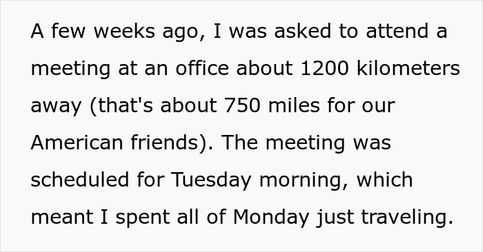 Text excerpt about traveling to a distant office for a meeting, highlighting an expensive employee’s hidden strategy.