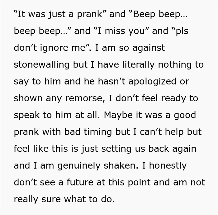 Woman finds hidden device in closet planted by boyfriend, feeling shaken and unsure about their future after the prank. Woman finds hidden device in closet planted by boyfriend, feeling shaken and unsure about their future after the prank.